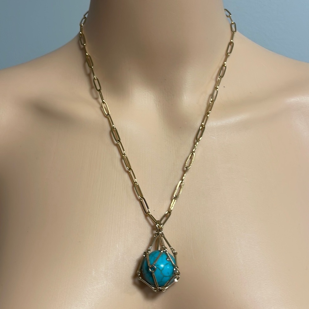 Blue Turquoise gold cage pendant paper clip chain necklace